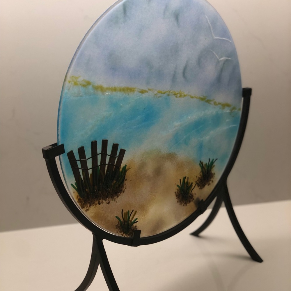 Fused Art Glass Panel Signed Beach
